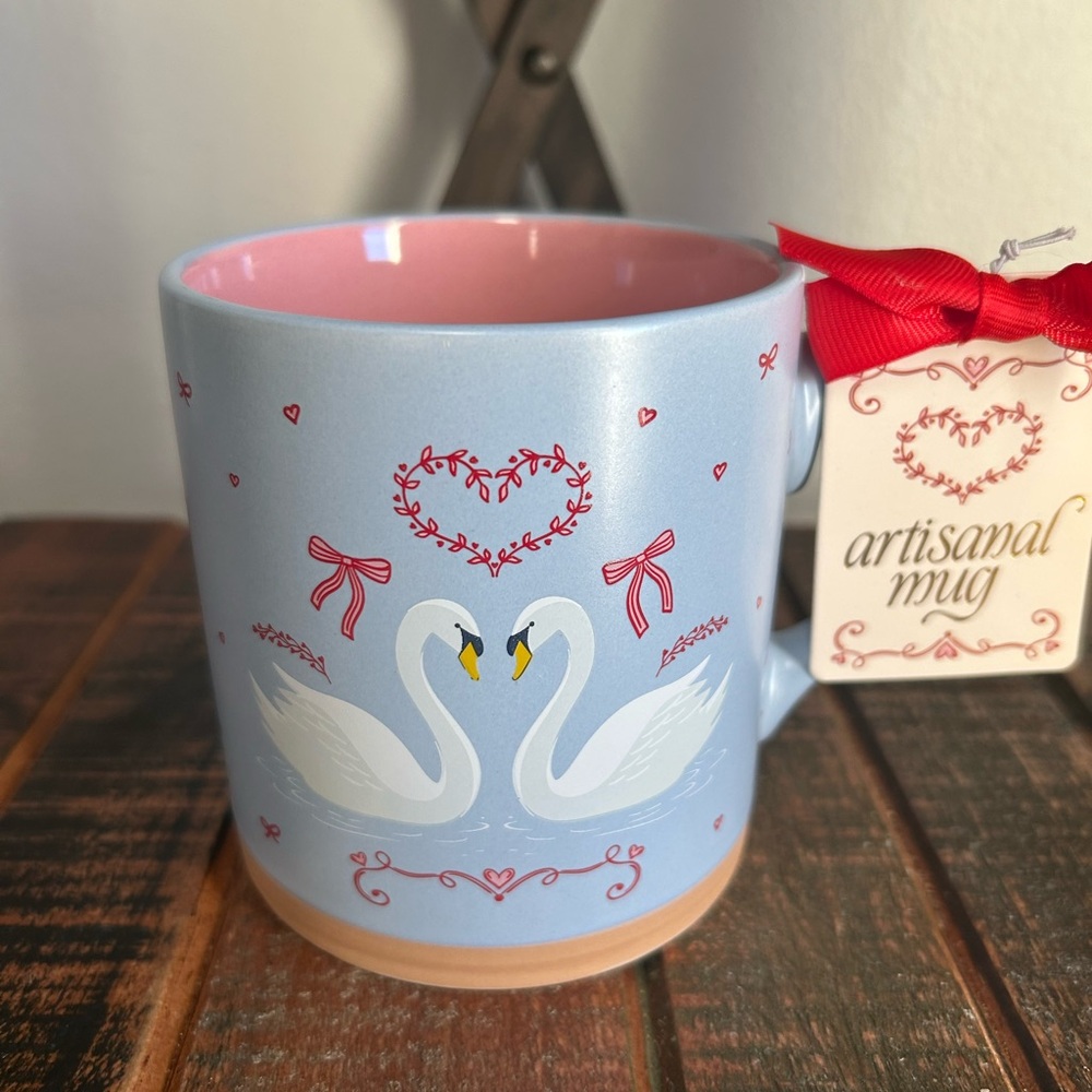 Sunday Morning SWAN Heart Mug With Red Bows Valentine Love Birds NEW